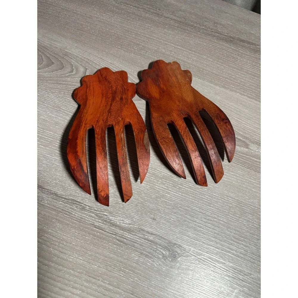 Vintage Hand‎ Carved Wooden Pineapple Salad Hands Servers Tropical Kitchen Decor